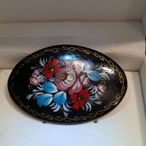 Russian Black Laquer Floral Brooch with Gold Accents